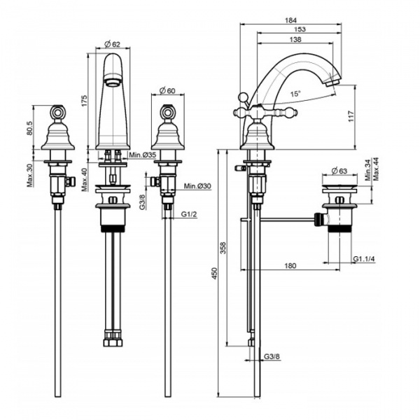 Carlo Frattini Epoque, Cмеситель для раковины на 3 отверстия, цвет: Хром