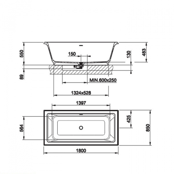 Gessi Eleganza Ванна отдельностоящая 180х85x55см, со сливом-переливом, цвет: белый/RAL