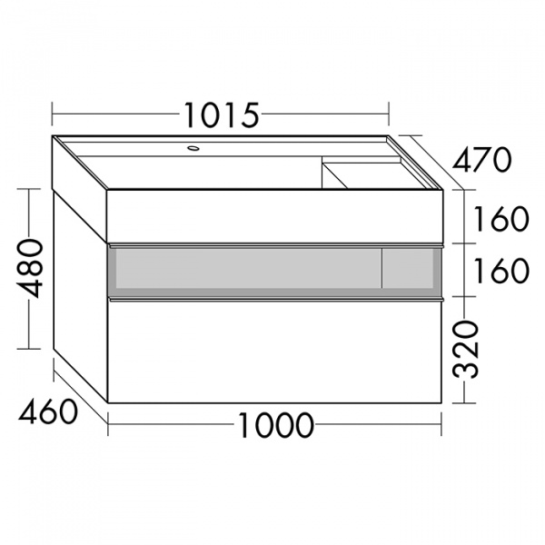 Burgbad Yumo База 101.5х64х47см.с умыв из мин литья с 1 отв под смес,2 выдв ящика с ручкой  Мокка G0179.верхн ящик из дымч стекла, цвет: белый глянц.
