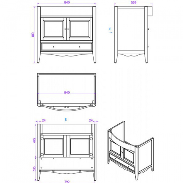 TW Veronica, База с раковиной Simas AR864bi*1 90*56см, с 1отв., 2 распашные дверки+1 выдв.ящик,  доводч. Blum, ручки: Riflesso бронза, цвет: GRIDGIO