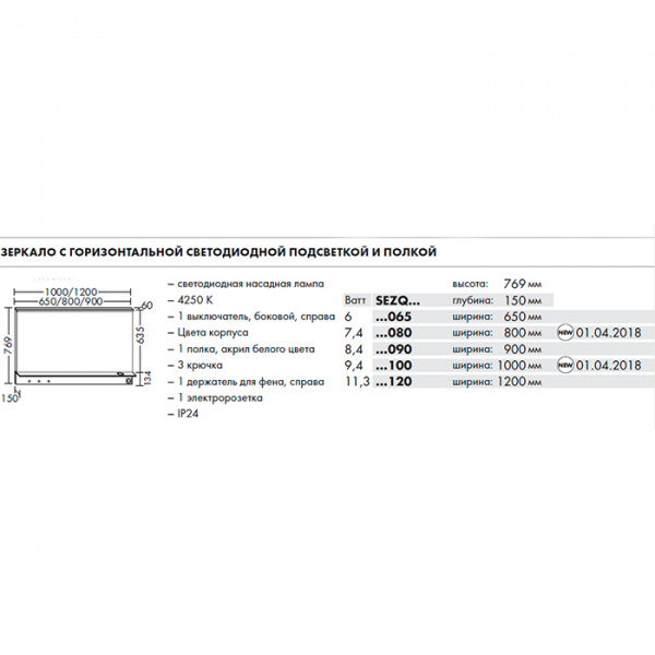 BURGBAD Eqio Зеркало с полкой , светодиод подсв.120х76.9х15см,выкл сбоку справа, 3 крючка, держ для фена справа. цвет серый F2010