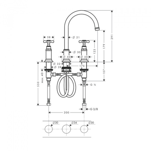 AXOR Montreux, Смеситель для раковины 180, на 3отверстия, цвет: никель шлифованный
