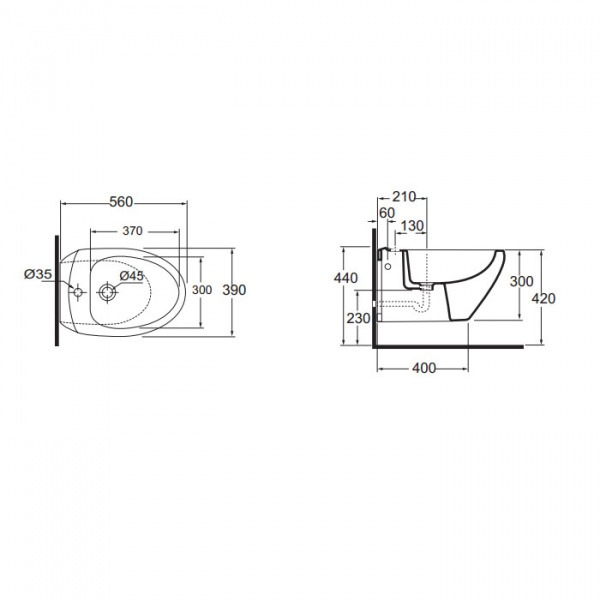 AZZURRA CLAS+ Биде подвесное 56x38.5см c 1 отверстием, c креплением KIT 2000 CF, цвет: белый матовый