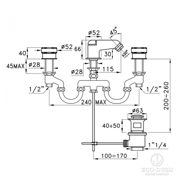 Stella Timeaster Смеситель для биде на 3 отверстия 3601, с донным клапаном, цвет: хром