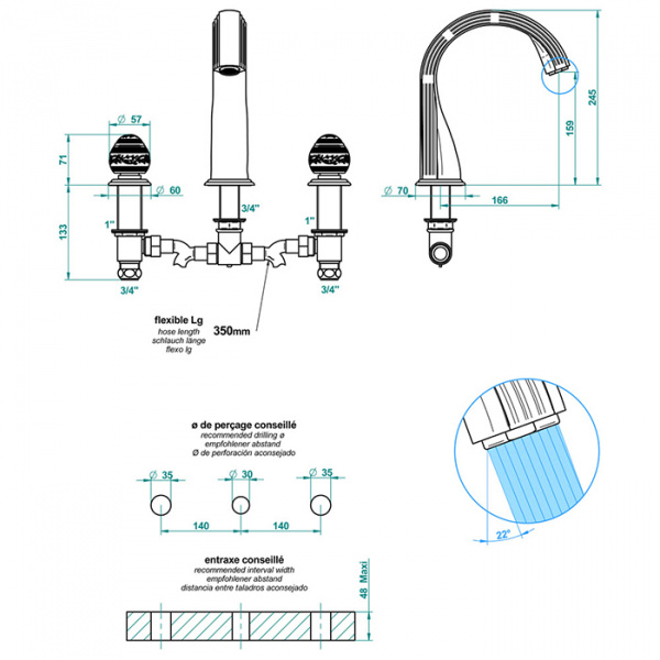 THG Marquise porcelaine blanche Смеситель для ванны, 3 отв., цвет: хром/платина/белый фарфор