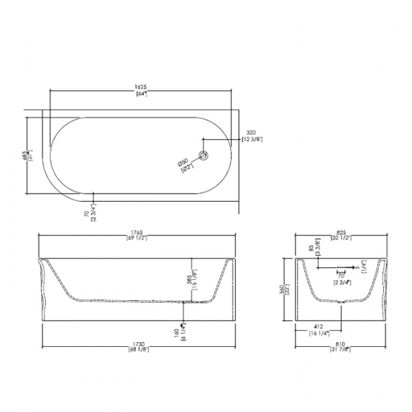 Devon&Devon Wave Dx Ванна пристенная, 176.5х82.5хh56см из минерального литья