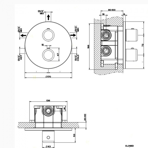 Gessi Goccia Встраиваемый термостатический смеситель, подключение на 3/4”, с переключателем на 3 выхода, внешняя часть, цвет: хром
