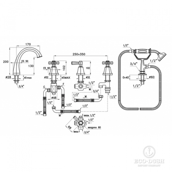 Stella Eccelsa Смеситель на борт ванны на 5 отверстий 3256TRTC/307, цвет: золото