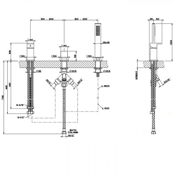 Gessi Rettangolo Смеситель для ванны на 3 отверстия, с переключателем и ручным душем, без излива, цвет: хром