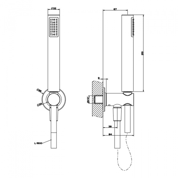 GESSI Inciso Душевой комплект, состоящий из вывода воды на1/2", держателя, шланга 1,50 м и душевой лейки сзащитой от известкового налёта. Цвет: Finox