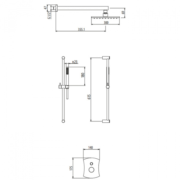 Gattoni Intersezione Комплект для душа со встроенным смесителем, перекл. на 2 вых, с ручной лейкой на стойке и верхним душем 300х300 мм, цвет: хром