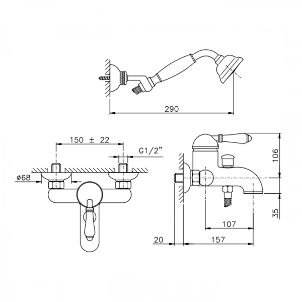 Nicolazzi El Capitan Смеситель для ванны однорычажный, настенный, с ручным душем, цвет: тёмная бронза