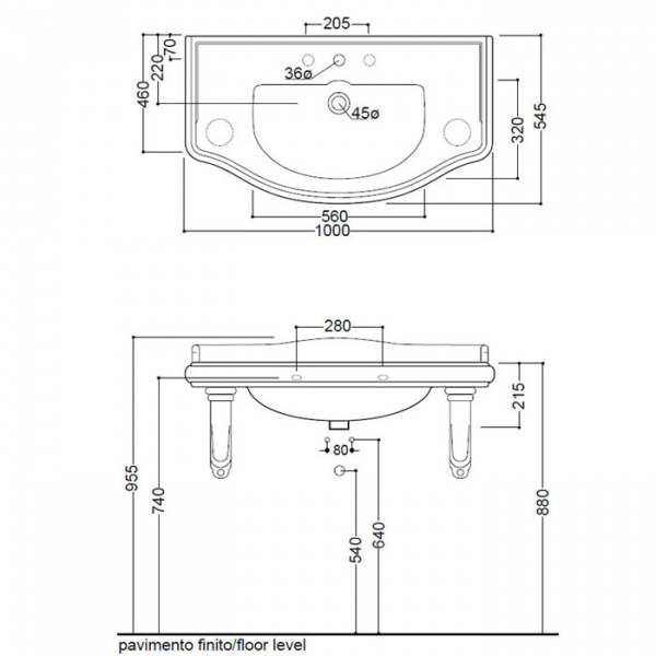 Kerasan Retro Раковина 100х54.5 см, 3 отв., цвет: черный блестящий