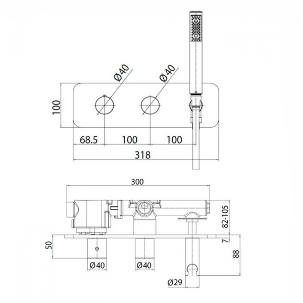 Bossini Oki Термостат высокой пропускной способности с девиатором на 2 выхода, ручной душ ZEN и шланг, цвет: хром