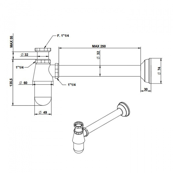 Bongio Complements Сифон бутылочный под донный клапан 1.1/4” с трубкой 300 мм, цвет: золото