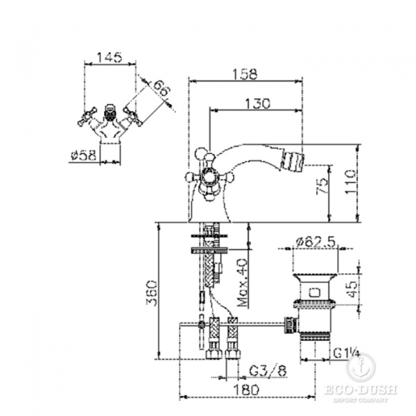 HUBER Victorian Смеситель двухвентильный для биде на 1 отверстие с донным клапаном, цвет: бронза