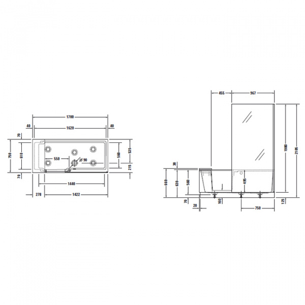 DURAVIT Shower + Bath Bathtub Ванна 170х75хh210.5см, прямоугольная с входной дверью и душевой шторкой, DX - правосторонняя