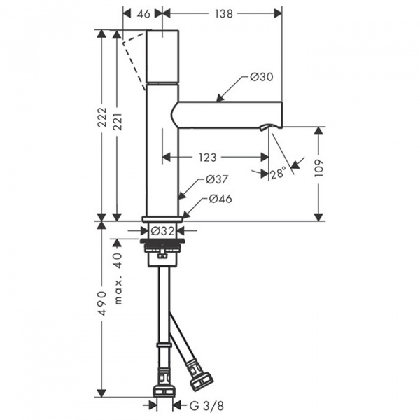 Axor Uno Смеситель для раковины 110, на 1 отв., излив 123мм, с незапираемым донным клапаном, цвет: хром