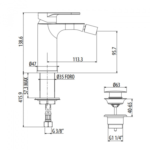 Gattoni H2Omix7000 Смеситель для биде, на 1 отв., с донным клапаном, излив 113.3 мм, цвет: черный матовый