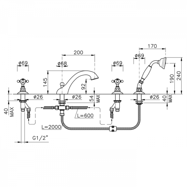 Nicolazzi Half Dome Crystal Смеситель на борт ванны с душем на 4 отверствия, излив: 200 мм, цвет: хром