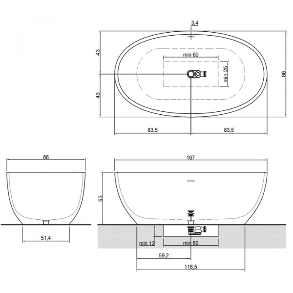 Antonio Lupi Reflex Ванна отдельностоящая, 167х86х53см, Flumood