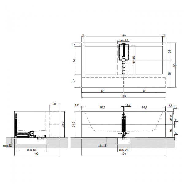 Antonio Lupi Biblio Ванна прямоугольная отдельностоящая, 170х90х53.5см