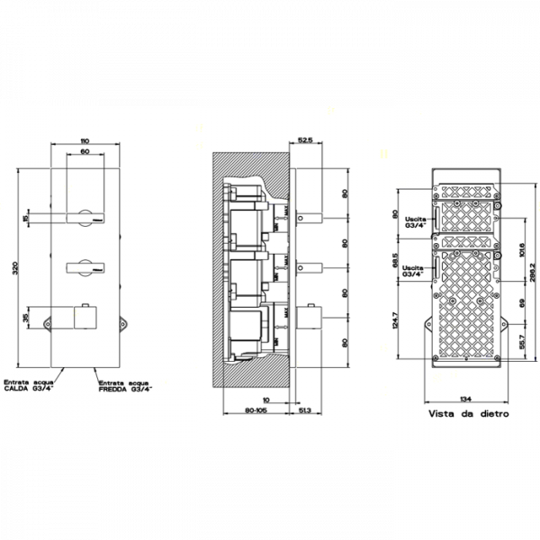 Gessi Rettangolo Встраиваемый термостатический смеситель, подключение на 3/4”, с 2мя независимыми выходами, внешняя часть, цвет: хром