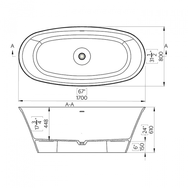 TW collection Ванна отдельностоящая 170х80х61см., с переливом