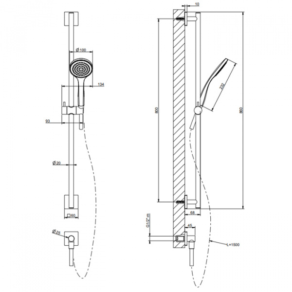 Gessi Rilievo Штанга в комплекте с душевой лейкой, шланг 1,50 м, вывод воды из стены, цвет: хром