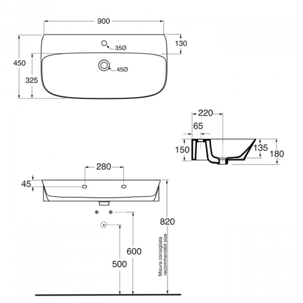 AZZURRA PRUA Раковина 90х45 см, без отв., подвесная/накладная, цвет: белый