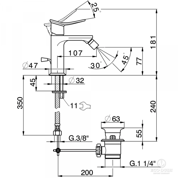 HUBER Harlock Смеситель однорычажный для биде на 1 отверстие с донным клапаном, цвет: хром,