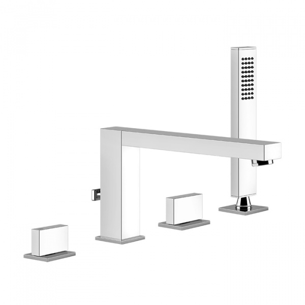 Gessi Rettangolo T Смеситель для ванны на 4 отверстия, излив со встроенным переключателем, шланг 1,5м+убирающаяся лейка, цвет: хром