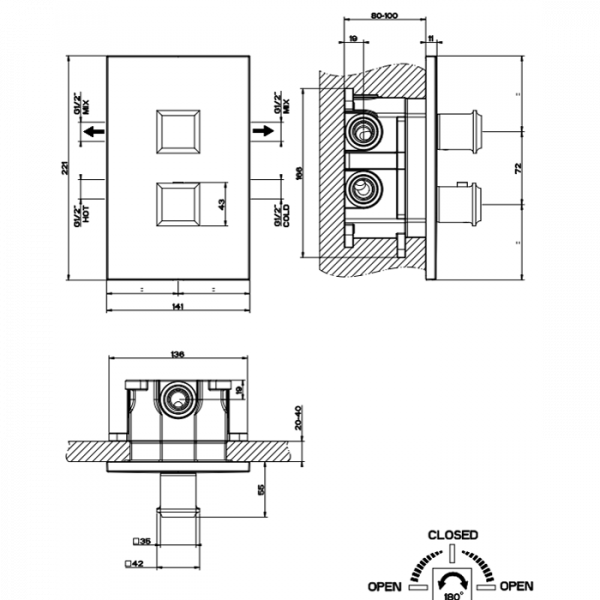Gessi Eleganza Встраиваемый термостатический смеситель, подключение на 3/4”, с переключателем на 2 выхода и фильтрами, внешняя часть, цвет: хром