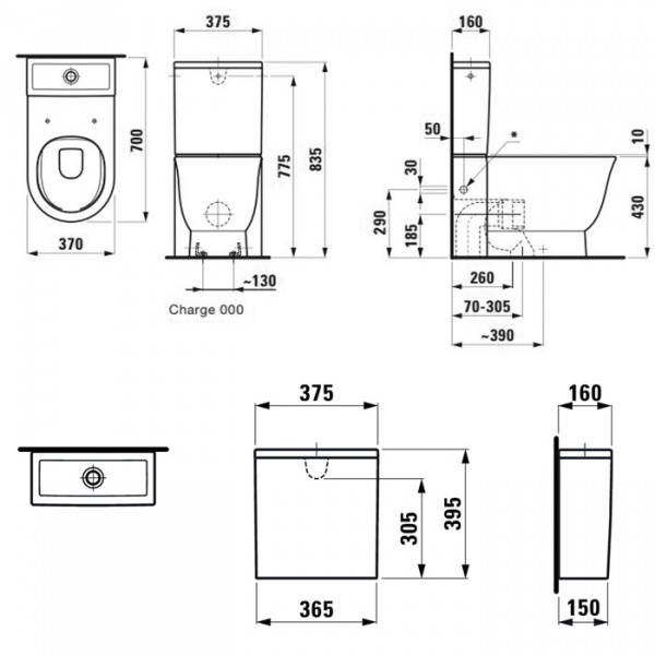 Laufen New Classic Унитаз моноблок безободковый 70х37х44см, выпуск универсальный, подвод воды сзади в центре, цвет: белый матовый