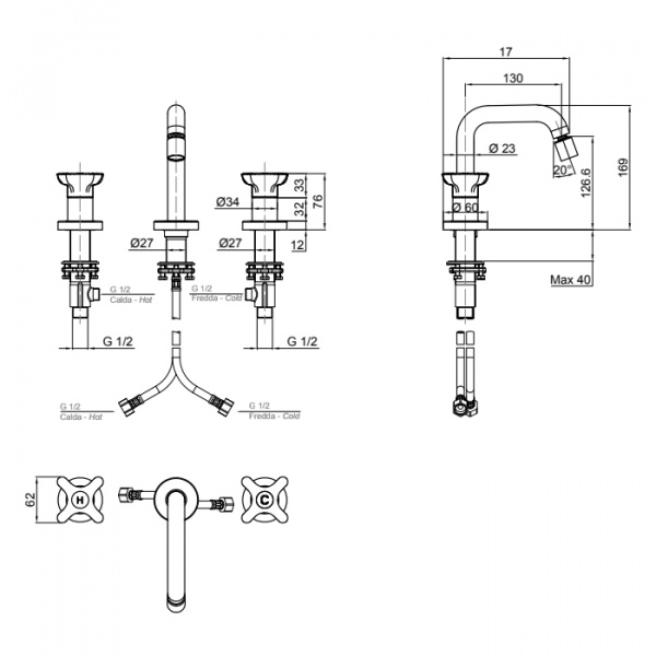 Antonio Lupi Timbro Смеситель для биде, на 3 отв., излив: 170мм, цвет: хром