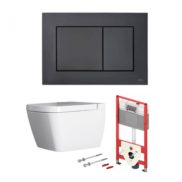 TECEbase 2.0 Комплект 5 в 1, унитаз TECE One, инсталяция для подвесного унитаза, клавиша смыва TECEnow черный матовый, крепеж для монтажа, звукоизоляция