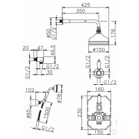 HUBER Victorian Комплект:термостатический смеситель c запорным вентилем,переключатель,верхний душ Easy Clean,ручной душ со шлангом на держателе,вывод, цвет: хром