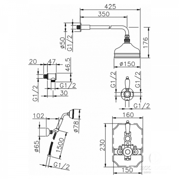 HUBER Victorian Комплект:термостатический смеситель c запорным вентилем,переключатель,верхний душ Easy Clean,ручной душ со шлангом на держателе,вывод, цвет: хром
