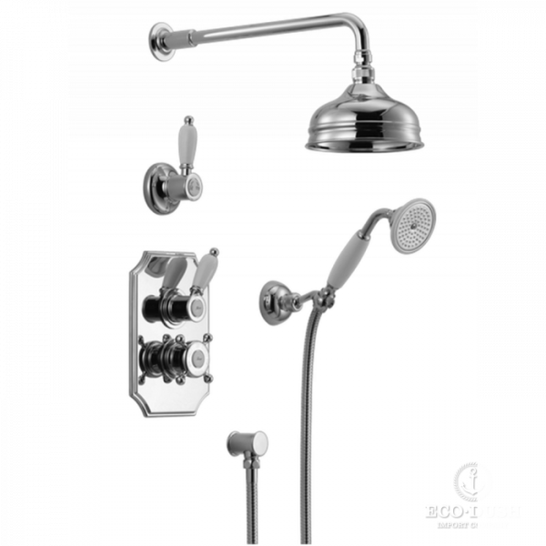 HUBER Victorian Комплект:термостатический смеситель c запорным вентилем,переключатель,верхний душ Easy Clean,ручной душ со шлангом на держателе,вывод, цвет: хром
