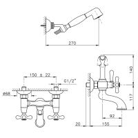 Nicolazzi Nuova Brenta Смеситель для ванны с 2мя ручками, настенный, с душевой лейкой, цвет: хром