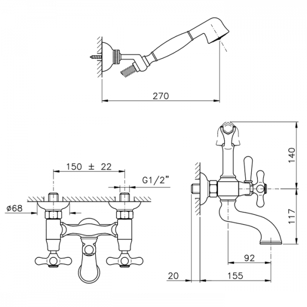 Nicolazzi Nuova Brenta Смеситель для ванны с 2мя ручками, настенный, с душевой лейкой, цвет: хром