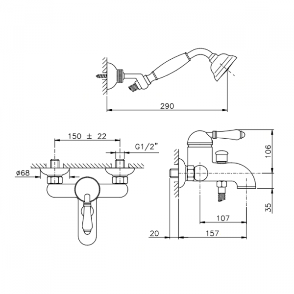 Nicolazzi Cristallo Liberty Смеситель для ванны однорычажный, настенный, с ручным душем, цвет: хром