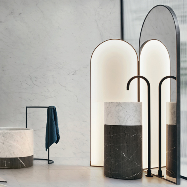 NOORTH milldue edition ROMA Комплект 150см из напольного зеркала со створкой с подсветкой, напольной раковины из гладкого и фрезерованного мрамора, Цвет: bianco carrara-A10L/grafite-A51F