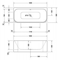 Ванна акриловая Duravit (Дуравит), 1800х80 нестандартной формы, пристенная