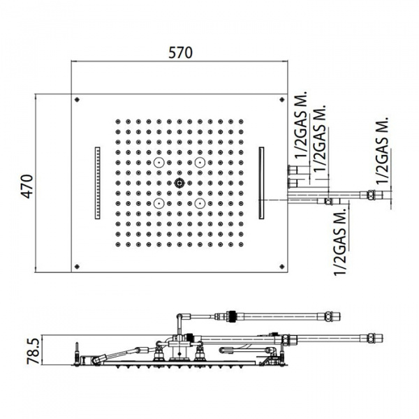 BOSSINI DREAM/3 Верхний душ 570x470 мм, 3 режима (дождь, каскад, туман) с 4 LED RGB, блок питания/управления, Cromoterapia, цвет: сатинированное золото