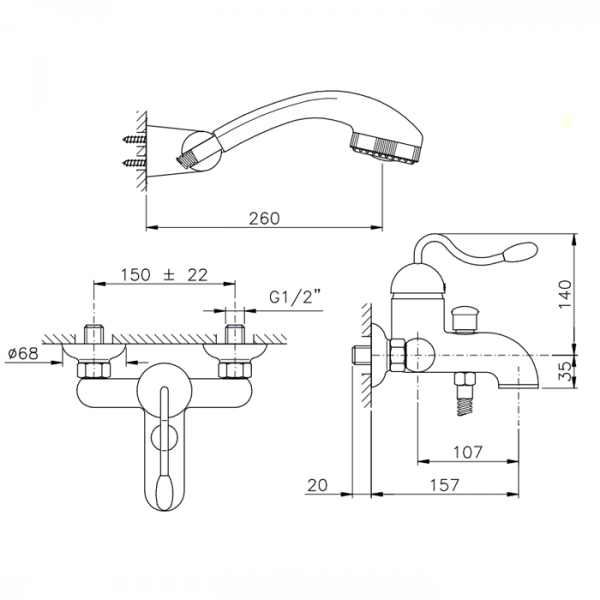 Nicolazzi Signal Смеситель для ванны с душем настенный на 3 отверствия, излив: 157 мм, цвет: хром