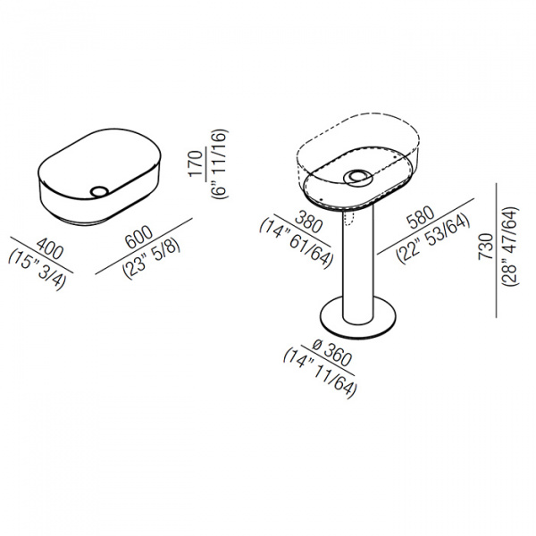 Agape Immersion Раковина 60x40x17 см, без отв., выпуск в пол, цвет: белый
