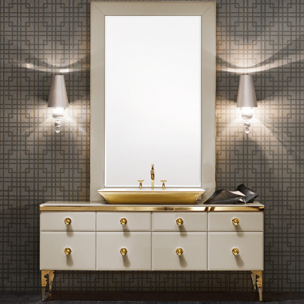 VITAGE milldue edition MAJESTIC Комплект мебели с базой 180см, раковиной NIZZA, зеркалом GINEVRA и светильниками,  ручки золото Цвет: mandorla-13/золото