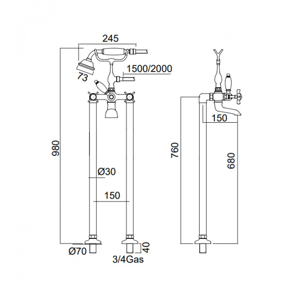 Sbordoni Antica Смеситель для ванны напольный h680мм с ручным душем и гибким шлангом, цвет: матовая бронза