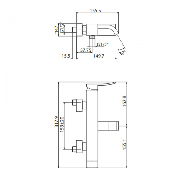 Gattoni ELY Смеситель для ванны настенный излив 92 мм, без ручного душа, цвет: хром